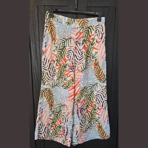 Tahari Pants - Tropical Leaf Print Wide-Leg Pants 100% Linen Large Resortwear